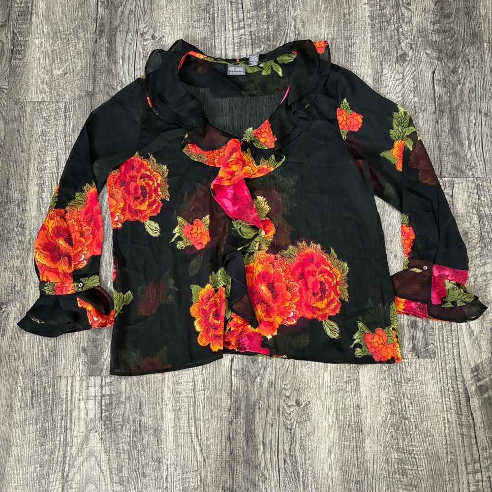 Chico's Black Blouse with Olive Green Leaf Print
